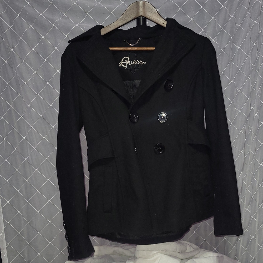 GUESS Women's Black Button Pea Trench double breasted
